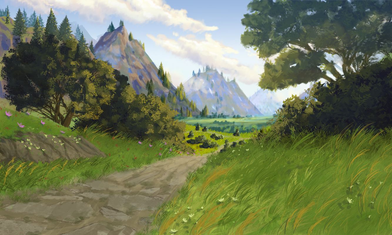 Painted concept art of a green valley and mountains