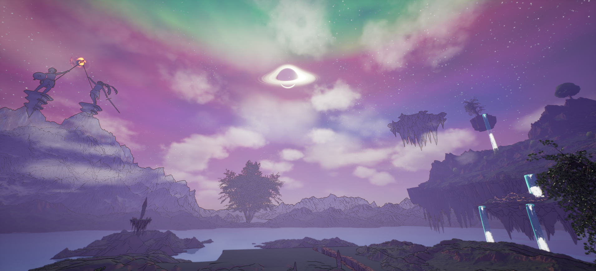 A magical landscape with a bright celestial body and floating islands