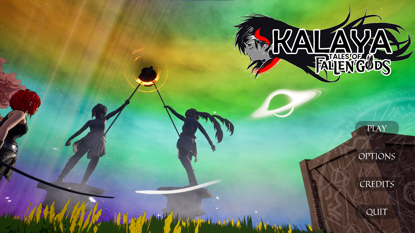 Kalaya main menu with characters under a magical sky