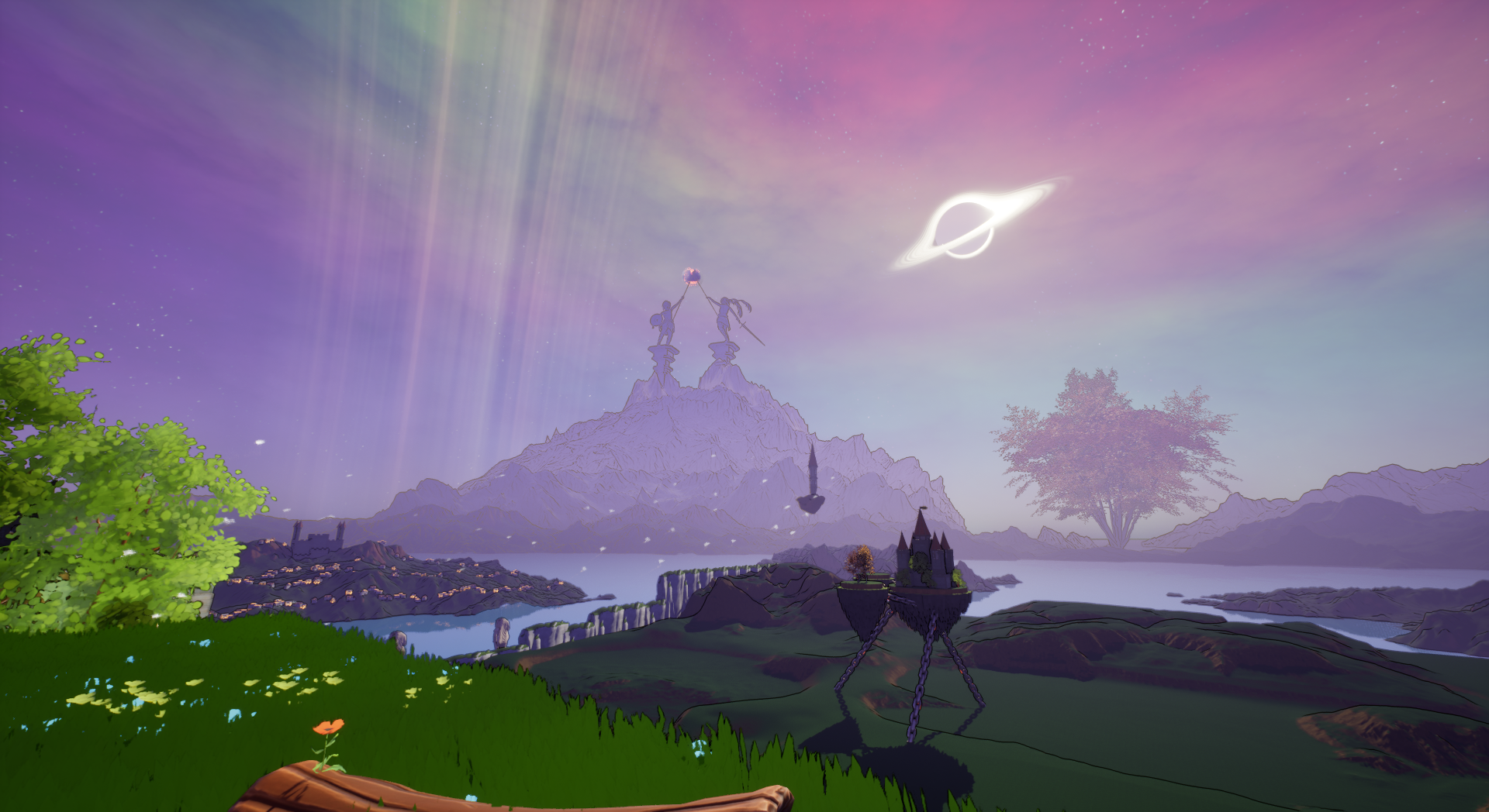 A view of Realtha with mountains, a lake and a floating structure
